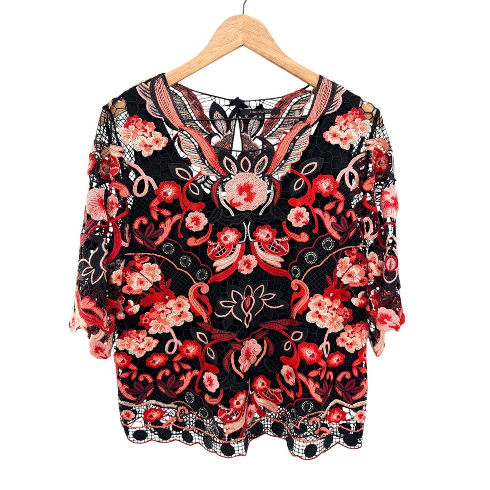 Kobi Halperin Embroidered Lace Blouse M Whimsigoth Red Floral Mesh Sheer Top